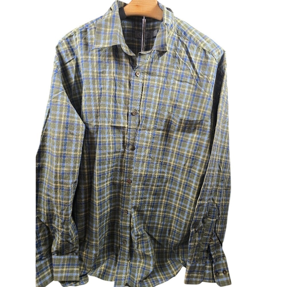 Talbots‎ Mens Plaid Button Down Shirt XL Olive Green Blue Cotton Long Sleeve
